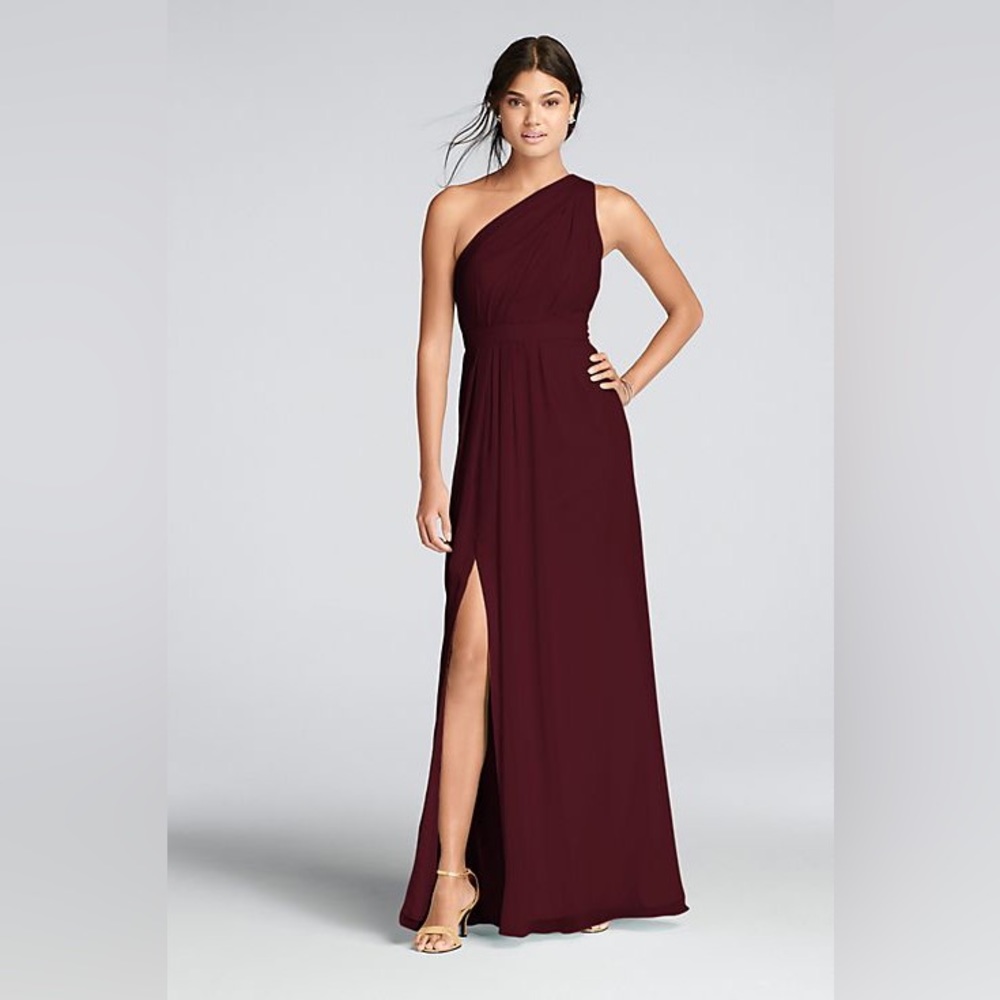 David’s Bridal Long One Shoulder Crinkle Chiffon Dress in Wine